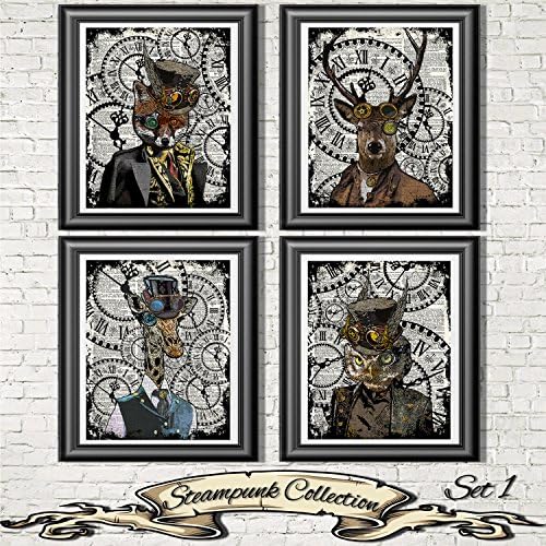 Steampunk Animals Wall art on Antique dictionary book pages. Set of 4 prints, Fox print, Giraffe print, owl print and Stag print