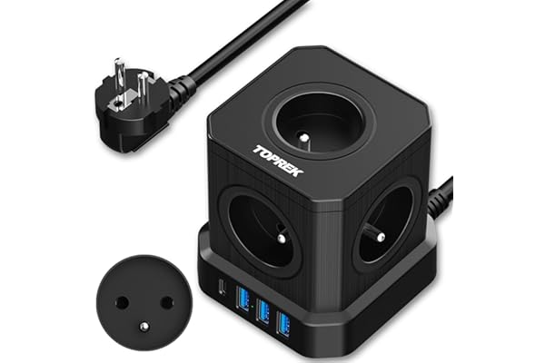 Multiprise USB Cube, TOPREK Cube Rallonge Multiprise 2M avec 5 Prises AC Française, 1 USB C(20W PD3.0) et 3 USB A, 1 Interrupteur, 4000W/16A, France Voyage Bureau à Domicile Power Board, Noir