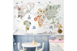 HGDESIGN® Wandaufkleber Wandtattoo Wandsticker Weltkarte Worldmap Tiere Kinderzimmer Babyzimmer Kind Baby Junge Mädchen Wanddeko selbstklebend (A)