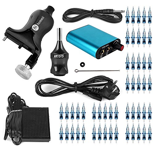 Hommii 2-In-1 Pro. Rotary Tattoo Machine Tattoomaschine Tätowierung Maschine Gun Kits für Körper Kunst Ausrüstung, Geräuscharm, 3.5 mm Hublänge, Raum Aluminium,Unibody, 7-10 V, +50 Stk. Blaue Sterile Einweg Tattoonadeln Tätowiernadeln Tattoospitze Cartridges 1,3,5,7,9 RL