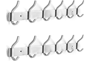 YUNISS Appendiabiti da Parete, Attaccapanni da Muro con 6 Ganci, Ganci Appendiabiti in Acciaio Inox per Camera da Letto, Bagno, Cucina (6 Ganci, 2Pcs, Argento)