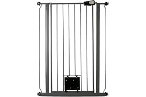 Bettacare Pet Gate with Lockable Cat Flap, 75cm - 84cm, Slate Grey, 104cm in Height, Extra Tall Dog Safety Barrier with Cat Flap, Easy Installation
