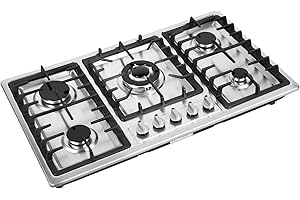 FREDERIMO 5 fuochi a gas, 5 punti luce, piano cottura a gas, 86 x 51 cm, in acciaio inox, fornello a gas, per gas naturale e gas propano