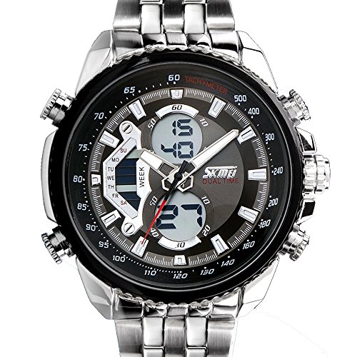 ufengke Mode feinem Edelstahl multifunktionale Dual-Display-QuarzArmbanduhren fr Mnner, 30 m Super-Tauch elektronische Armbanduhren, schwarz