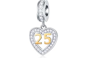 GLOWDAS 10 to 25 28 30 33 35 40 45 50 55 60 65 70 75 80 Birthday Charms, fit European Anniversary Bracelet/Necklace, Golden Number 925 Sterling Silver Heart Pendant with CZ, for Women/Men