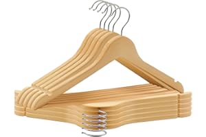 ABHENG Kleiderbügel Holz 10 Stück, Holzbügel mit Rutschfester Hosensteg und 360° drehbarer Haken, Einkerbungen im Schulterbereich, Hergestellt aus Naturholz, 44,5B x 23H cm, Naturfarben, AWY0310N