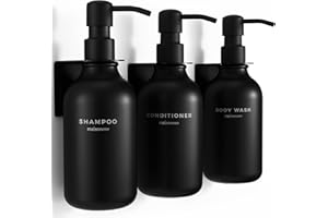 MaisoNovo Dispenser Per Shampoo E Balsamo - Dispenser Per Sapone Da Doccia Con Montaggio A Parete - Set Da 3 Flaconi In Plastica Nera Da 500 ml Con Pompe Nere - 3 Scomparti Senza Foratura