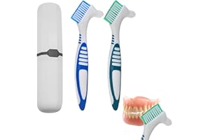 WATLIKEUP 2PCS Denture Brush with Case,Denture Toothbrush with Double Bristle Heads,Portable Retainer & False Retainer Brush,Denture Brushes for Cleaning False Teeth,Ergonomic Rubber Handle(Blue,Green)