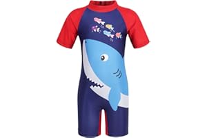Edjude Boys UV Sun Protection Swimwear Kids One/Two Piece Cartoon Shark Swimming Costume Child Rash Guard Swimsuit Beachwear Wetsuit with Sun Hat for Boys 1-8 Years