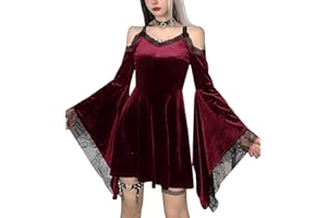 XKBHYD Womens Gothic Vintage Dress Flare Sleeve Fairy Velvet Dresses Witchy Halter Dress Punk Grunge Harajuku Dress