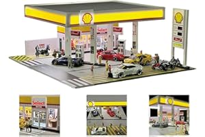 Kidaromo 1:64 Shell Petrol Station Model Scene, Miniature Building with Lighting, Realistic Diorama Set for Diecast Cars & Display Collectors, for Car Fans (Cars & Figures not Included)