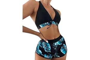 Sizoer Bikini Deja Pasar Sol Traje de baño de Bikini Halter con Estampado Tropical de 3 Paquetes de Color para Mujer con Pantalones Cortos de baño Split Push Up Top Bikini Mujer Relleno