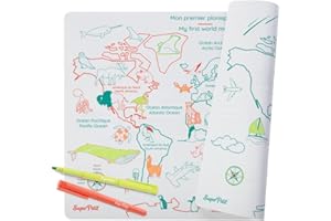 SUPER PETIT Planisphère réversible 100% Silicone et 1 Feutre Jeu pédagogique +3 Ans - Billingue Français Anglais - découvrir mémoriser - méthode Montessori - effacable et reutilisable - Set 40x30 cm