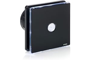 STERR Black Bathroom Fan 4 inches / 100 mm with LED + PIR - Extractor Fan - Glass Front - Modern Look - BFS100LP-B - 10 W
