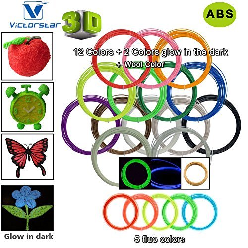 Pluma 3D Filamento ABS  VICTORSTAR 20 Colores, 32.5 pies (10 metros) cada uno Impresión 3D de Pluma Filamento 1.75 mm Total de 650 pies (200 metros), 2 Brillando en la oscuridad y 5 Fluorescentes Colores Incluidos