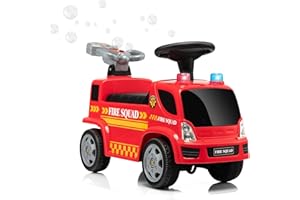 MR J TOYS&MORE MrJ Camion dei Pompieri Cavalcabile per Bambini con Tasto Sparabolle Luci Veicolo elettrico con Pedale per accelerazione, Funzione Retromarcia, Fire Squad, con Sirena e Pulsanti