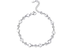 EXGOX Sterling Silver Heart Bracelet for Women - Dainty 925 Silver With Shiny Crystal Diamond - Adjustable Love Heart Design for Girls