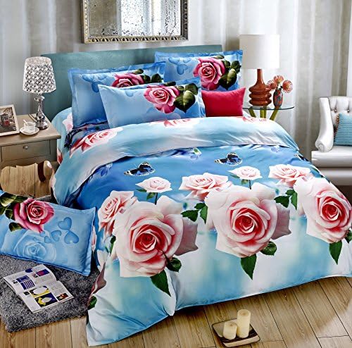 4Piece Rose Flowers Blue Purple Printed 3D Bedding Set Duvet Comforter Cover For Double Size