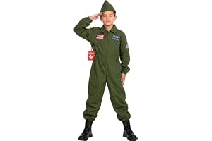 Fun Shack pojkdräkt stridsflygare - grön flygaroverall med militärmärken och matchande hatt, maskerad barn