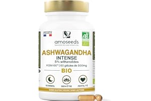 AMOSEEDS Ashwagandha BIO Breveté KSM-66™ | Extra Fort : 5% withanolides | Stress, Sommeil, Énergie, Bien-Être | 60 gélules vegan de 500mg | Qualité Supérieure