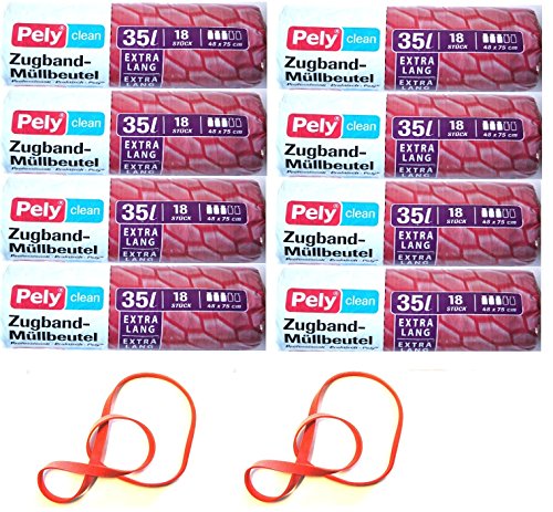 Set mit 144 Stück extra lange Zugband Müllbeutel (35 Liter) + 2 Gummiringe