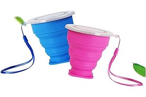 Ruesious 2 pcs Tazas de Viaje 200ml de Silicona Plegable Portátil y Reutilizable,Vaso Con Tapa sin BPA para camping senderismo y Viaje.(Azul y Rosa)