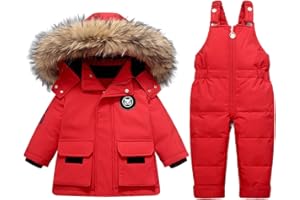 Acuryx Tuta da Neve 2 Pezzi da Bambini Ragazzi Capppotto in Piuma con Cappuccio Pellicia + Salopette da Neve Bambina Giacca Invernale Impermeabile