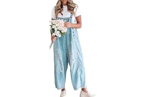 Vanchenl Damen Vintage Casual Denim Jean Overalls Lose Distressed Bib Latzhose Verstellbare Baggy Harem Romper Jumpsuit Hosen