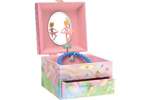 Jewelkeeper - Portagioie Musicale con Carillon Ballerina Roteante, Design Unicorno Arcobaleno con Cassetti - Realizzato in Fibra di Pino, Fodera Lavabile - 10.8 x 10.8 x 8.9 cm - Colore Pastello
