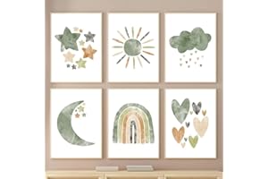 Youihom 6 Laminas Infantiles para Habitacion Verde Boho Cuadros Bebe Habitacion Niño Arcoiris Sol Luna Estrellas Nubes Amor Poster Lienzo 21 x 30 cm sin Marco