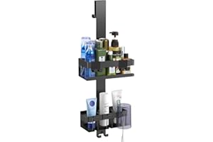 Emibele Duschablage ohne Bohren, Edelstahl Badezimmer Organizer mit 2 Körben & 8 Haken, Duschregal ohne Bohren für Rahmenlos Glastür, Stabiles Badregal mit Belastbarkeit von bis zu 10 kg, Schwarz