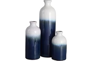 TERESA'S COLLECTIONS Vase for Flowers, Set of 3 Blue White Modern Ceramic Vase for Gifts, Reactive Glazed Stoneware Decorative Vases for House Decoration Living Room Bedroom 14.7/20/30cm