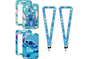 Hilloly Stitch Ensembles Lanière avec Porte Cartes, 2PCS Stitch Lanyard Porte-Cartes Lanière Courroie de Cou de Lanière avec pour L'école, Le Bureau, Carte de Bus