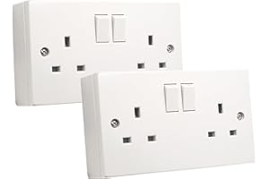SHPELEC® Square Edge White 13A 2 Gang Switched Socket with 25mm Surface Mount Pattress Box (2 PACK)
