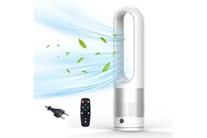 EAGERMINDS Ventilatore senza rotore con purificatore d'aria, ventilatore a torre silenzioso da 18 pollici con telecomando, 8 velocità, oscillazione a 80°, timer 8H, indicatore LED, ventilatore senza lama, per