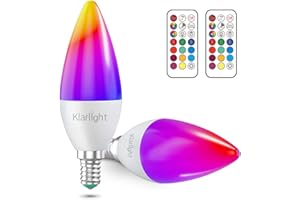 Klarlight C35 E14 Ampoules LED à changement de couleur, ampoule à bougie RVB 3W, ampoule LED E14 blanc chaud 3000K, ampoule à changement de couleur avec fonction mémoire et télécommande, lot de 2