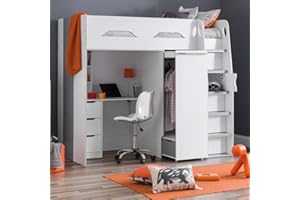 HAPPYBEDS High Sleeper Storage Bed, Happy Beds Pegasus Wood Modern Desk Wardrobe Drawers Cupboards Loft Bunk - 3ft Single (90 x 190 cm) Frame Only
