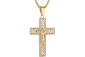 AsAlways Crucifix Cross Necklace for Men Women 18K Gold Plated Stainless Steel Religious Jesus Christ Faith Cross Pendant with 24" Chain