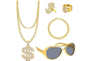 CAPANEUS Kit de Costume Hip Hop ，Accessoires de Rappeur Ensemble de costumes Hip Hop，Deguisement Hip Hop pour Anniversaires Fêtes Carnaval Concerts，avec Collier Dollar, Bague, Lunettes Bracelet
