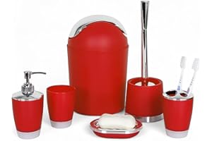 GMMH – Set di 6 accessori da bagno, con dispenser per sapone, porta saponetta e scopino per WC (rosso)