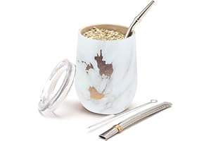 BALIBETOV Zestaw Nowoczesny Kubek Mate i Bombilla (Kubek Yerba Mate) - Zestaw Yerba Mate Zawiera Dwuścienny Kubek Mate Ze Stali Nierdzewnej, Dwie Bombilla Mate (Słomka) i Szczotka do Czyszczenia (Złoty Marmur, 355 ml)