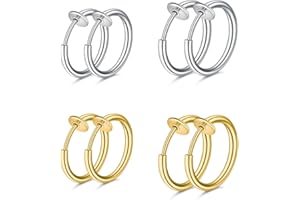 WKRTDY 4 Pairs Stainless Steel Clip On Earrings for Men & Women, Fake Earrings, No Piercing Required, Hoop Ring & Ear Cuff Earrings, Metal