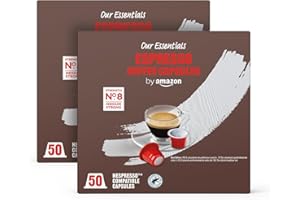 by Amazon Capsules de Café Espresso en Plastique Compatibles Nespresso, Torréfaction Moyenne, 100 Unités (2 Paquets de 50) – Certifiées Rainforest Alliance