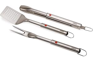 Joseph Joseph GrillOut 3-piece Stainless Steel BBQ Utensil Set, Turner, Tongs & Fork, Retractable Handle, Hanging Loops