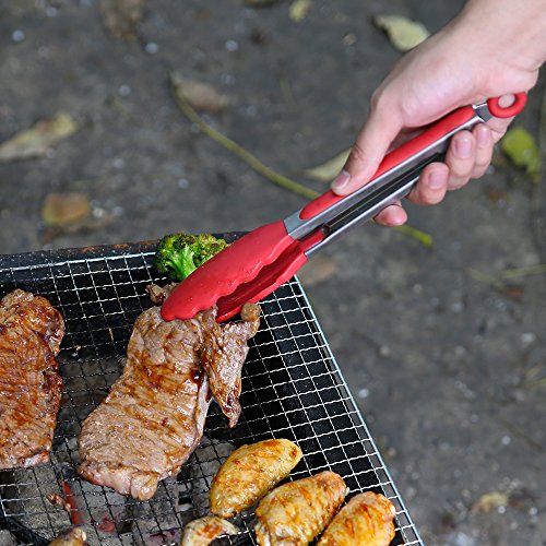 TTLIFE 2PCS Silikon Grillzange Küchenhelfer Mehrzweck Edelstahl Küchenzange Bratenzange BBQ Brot Tongs perfekt für Küchen Restaurant Camping9’+12’(Rot) - 8