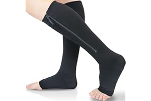 Ailaka 1 Pair Zipper Compression Socks 20-30 mmHg for Women & Men, Plus Size Knee High Open Toe Firm Support Graduated Varicose Veins Hosiery for Edema, Swelling, Pregnancy, Recovery…