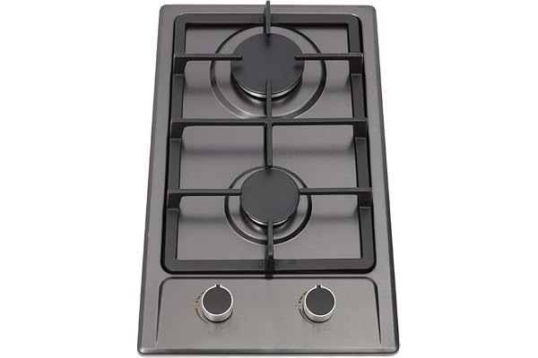 Bärbar gasspis med 2 brännare i rostfritt stål med 2 brännare, 3 kW + 1,75 KW, 51 × 31 × 10 cm, LPG/NG inbyggd spis för husbil och kök utomhus, med gryta och gasrör