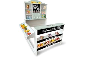 Coemo Kaufladen Pit aus Holz mit Preisschildern, wahlweise mit Spielkasse Linus, Kaufladen-Zubehör:ohne Kassen-Zubehör, Farbe:Grün