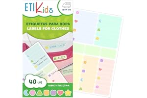ETIKIDS 40 Etiquetas para ropa personalizables para la guardería y colegio. Pegatinas termoadhesivas con dibujos para escribir el nombre con bolígrafo resistentes a la lavadora y secadora. (Formas)