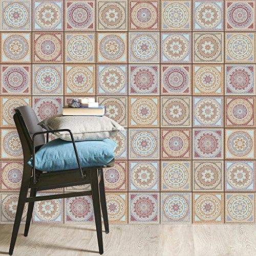 Vinyl Fliesenaufkleber | Fliesen-Dekor Folie für Bad und Küchenfliesen | Deko Fliesen-Bilder - Wände renovieren | selbstklebende Wandaufkleber | 10x10 Design Motiv Mosaik Afrika - 40 Stück